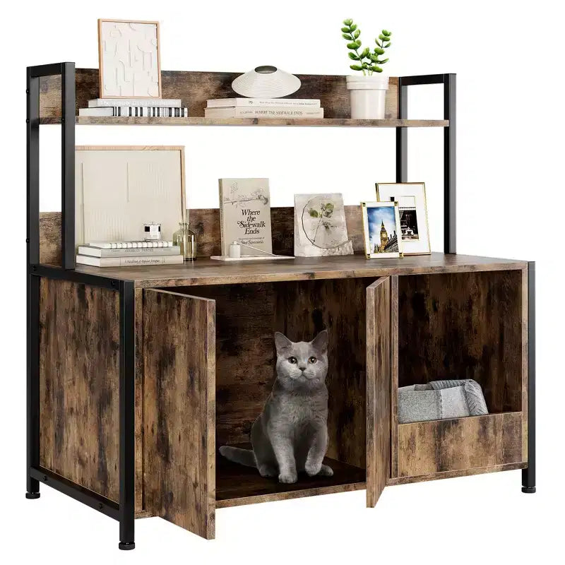 Cat Litter Box Furniture Enclosure with Scratch Pad and Storage