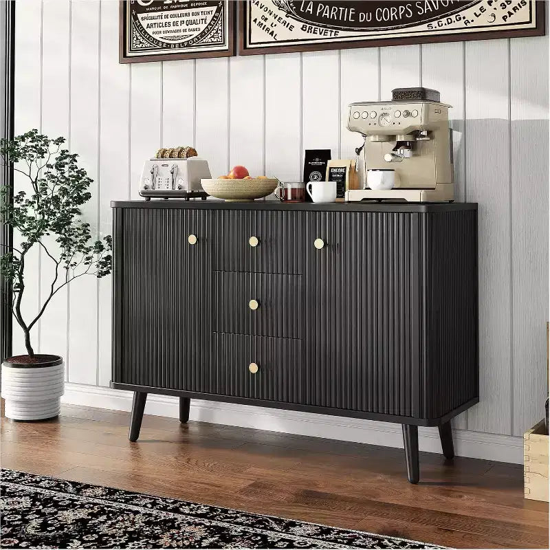 Buffet de 47 po avec tiroirs, meuble de rangement cannelé avec 2 portes et 3 tiroirs, pour entrée, cuisine, salon-