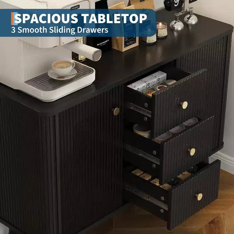 Buffet de 47 po avec tiroirs, meuble de rangement cannelé avec 2 portes et 3 tiroirs, pour entrée, cuisine, salon-