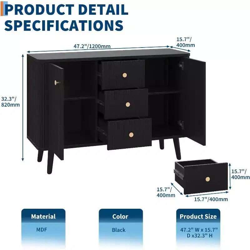 Buffet de 47 po avec tiroirs, meuble de rangement cannelé avec 2 portes et 3 tiroirs, pour entrée, cuisine, salon-