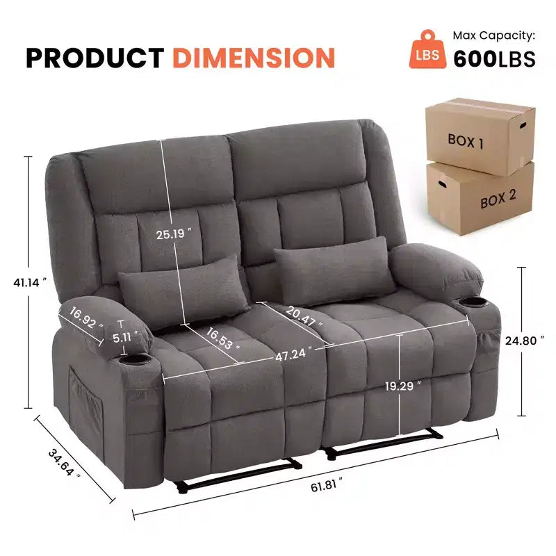 Canapé inclinable rectangulaire en tissu avec accoudoirs, surmatelas, largeur 157 cm