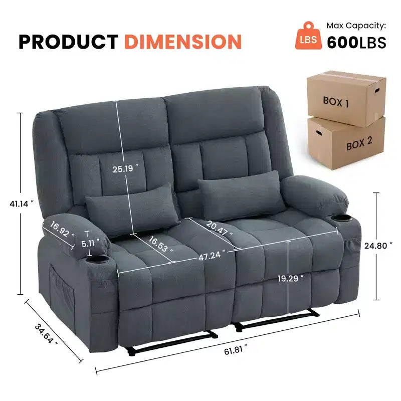 Canapé inclinable rectangulaire en tissu avec accoudoirs, surmatelas, largeur 157 cm