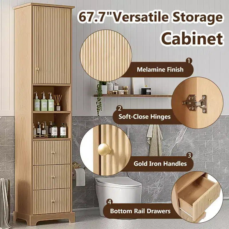 Meuble de Rangement Autonome pour Salle de Bain avec 3 Tiroirs, Étagère Réglable, Portes à Fermeture Douce