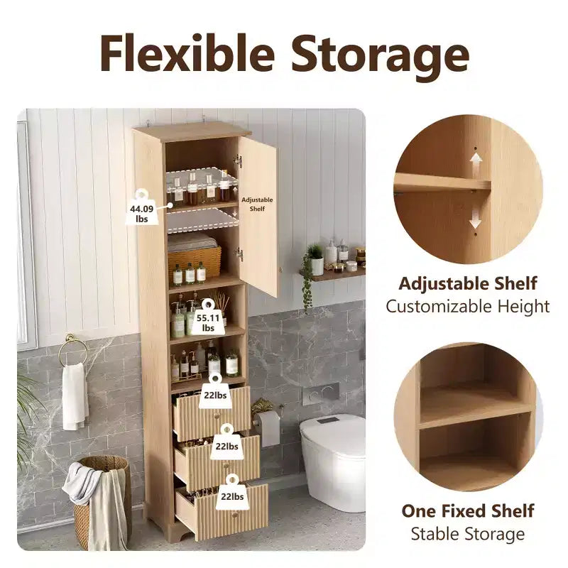 Meuble de Rangement Autonome pour Salle de Bain avec 3 Tiroirs, Étagère Réglable, Portes à Fermeture Douce