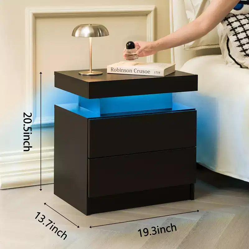 Veilleuse de chevet LED avec 2 tiroirs pour chambre à coucher (Noir)
