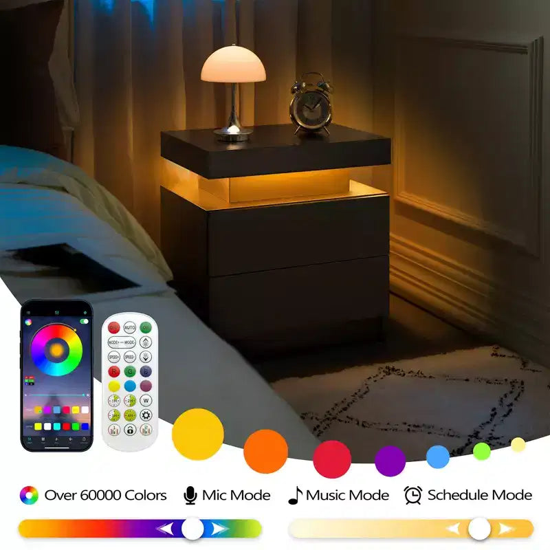 Veilleuse de chevet LED avec 2 tiroirs pour chambre à coucher (Noir)