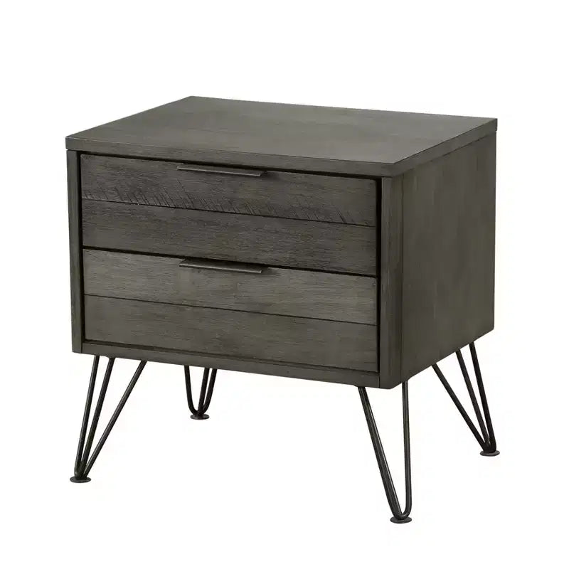 Table de chevet contemporaine finition gris trois tons perchée sur des pieds en métal, placage acacia, mobilier de chambre moderne.