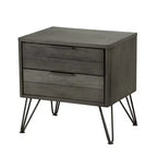 Table de chevet contemporaine finition gris trois tons perchée sur des pieds en métal, placage acacia, mobilier de chambre moderne.