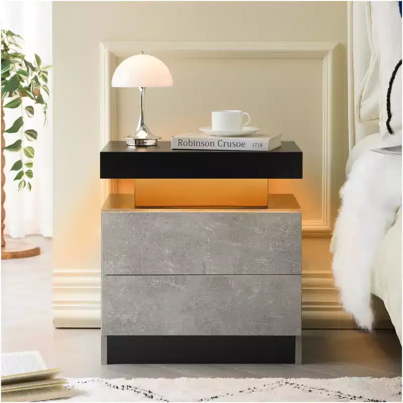 Nightstand Bedside Table Cabinet Modern End Side with 2 Drawers for Bedroom (Black+Gray)
