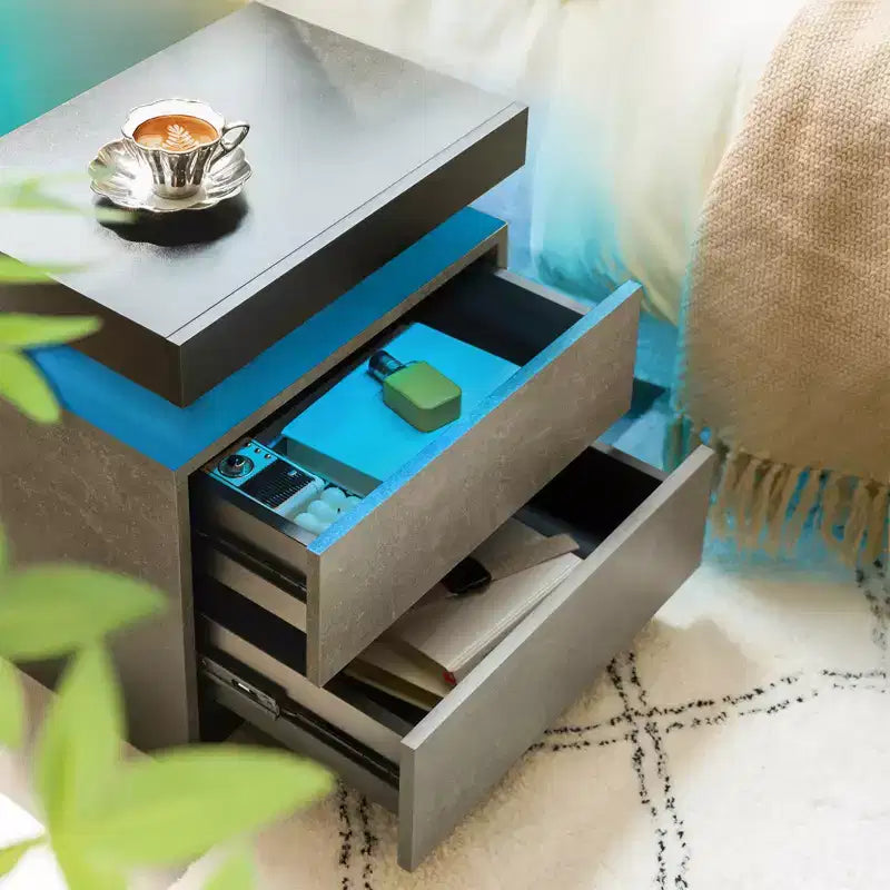 Table de chevet avec 2 tiroirs pour chambre à coucher, moderne (noir+gris)
