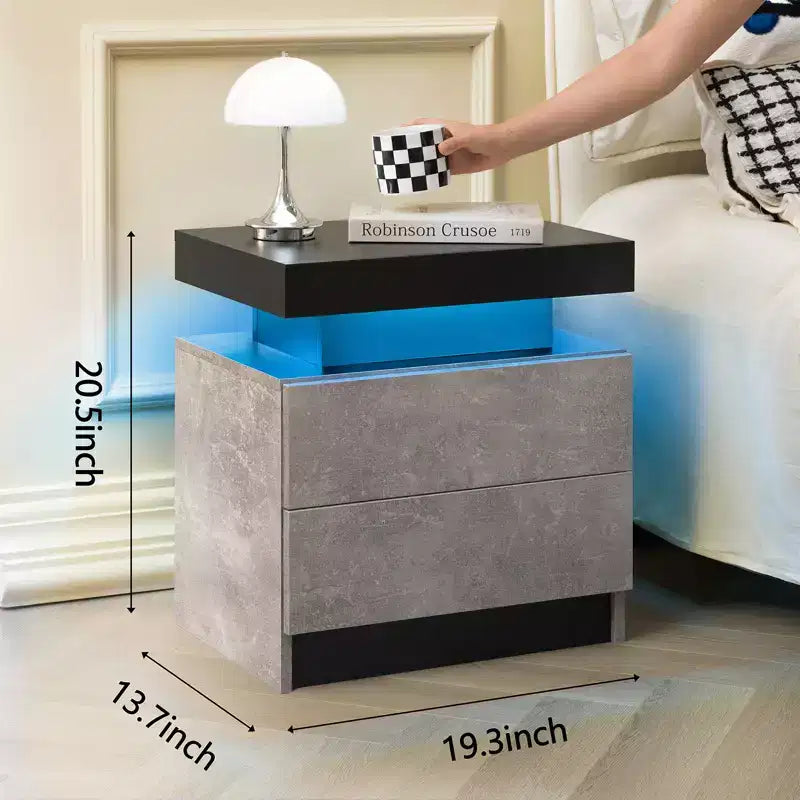 Table de chevet avec 2 tiroirs pour chambre à coucher, moderne (noir+gris)