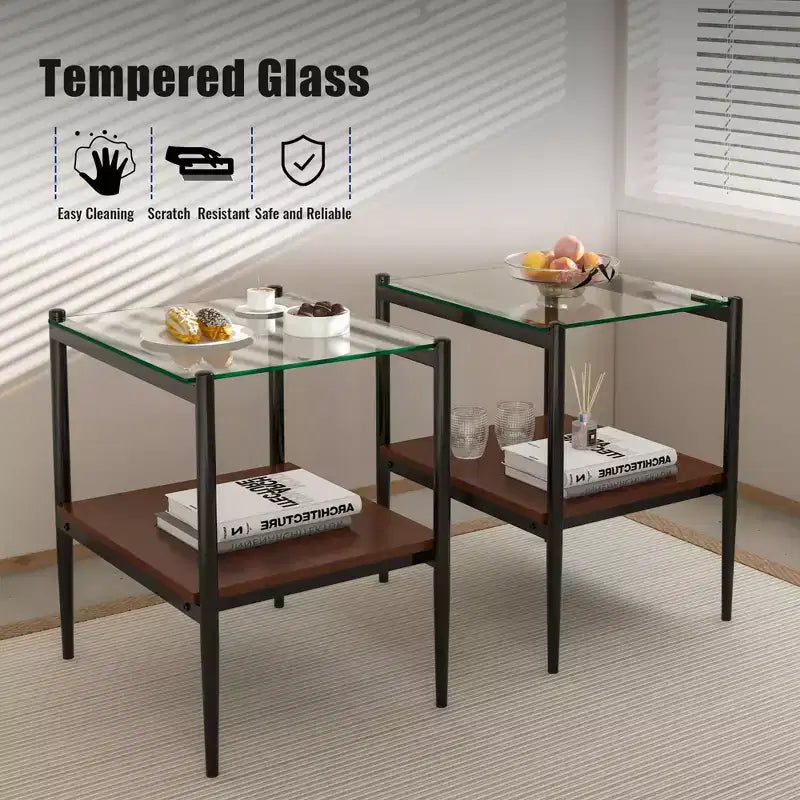 Tables d'appoint modernes avec plateau en verre trempé, lot de 2