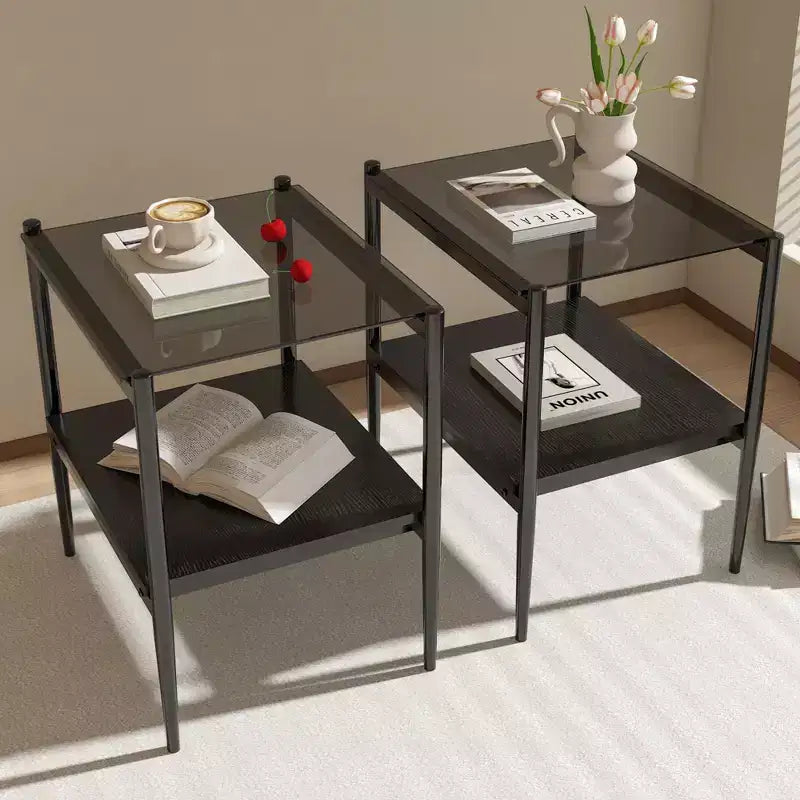 Tables d'appoint modernes avec plateau en verre trempé, lot de 2
