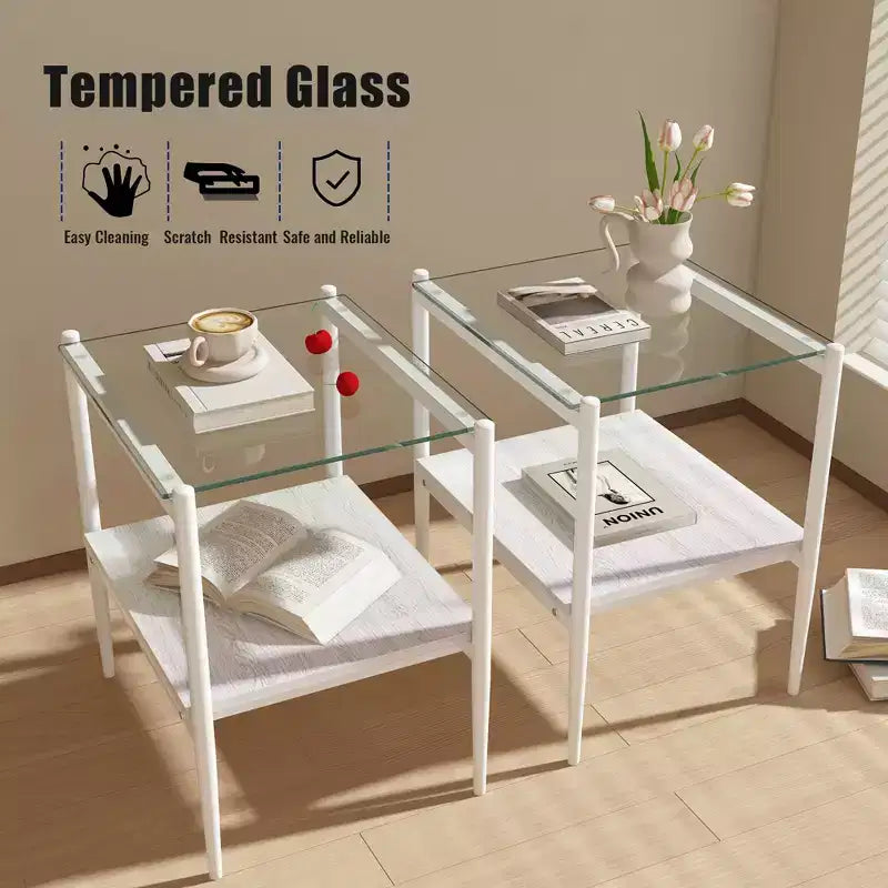 Tables d'appoint modernes avec plateau en verre trempé, lot de 2