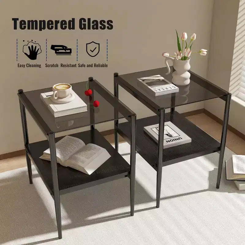Tables d'appoint modernes avec plateau en verre trempé, lot de 2