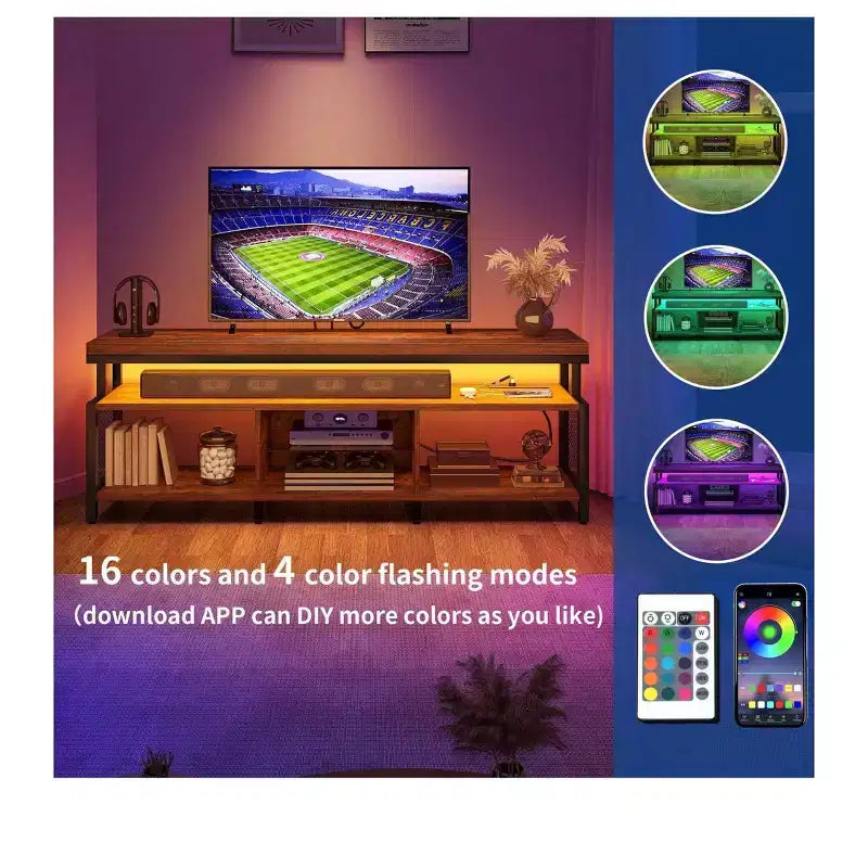 Meuble TV LED avec prises de courant et étagères de rangement pour téléviseurs 70/65/60 pouces, console multimédia de meuble TV pour salon