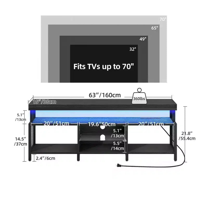 Meuble TV LED avec prises de courant et étagères de rangement pour téléviseurs 70/65/60 pouces, console multimédia de meuble TV pour salon