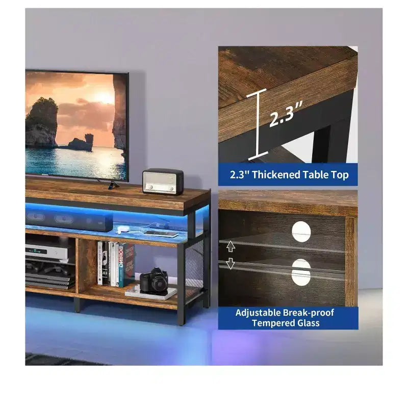 Meuble TV LED avec prises de courant et étagères de rangement pour téléviseurs 70/65/60 pouces, console multimédia de meuble TV pour salon