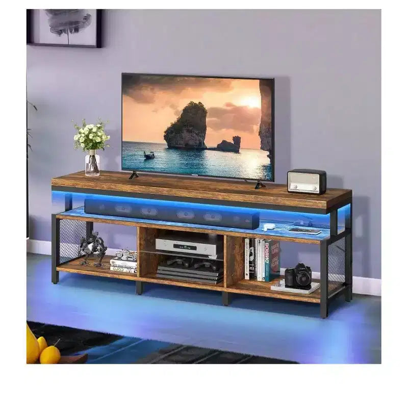 Meuble TV LED avec prises de courant et étagères de rangement pour téléviseurs 70/65/60 pouces, console multimédia de meuble TV pour salon