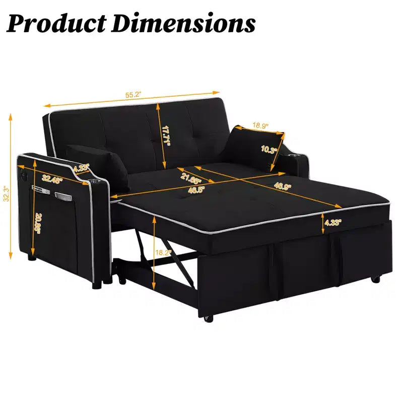 Canapé convertible 3-en-1 en velours, lit escamotable, canapé-futon moderne en velours convertible, dossier réglable et oreillers, noir