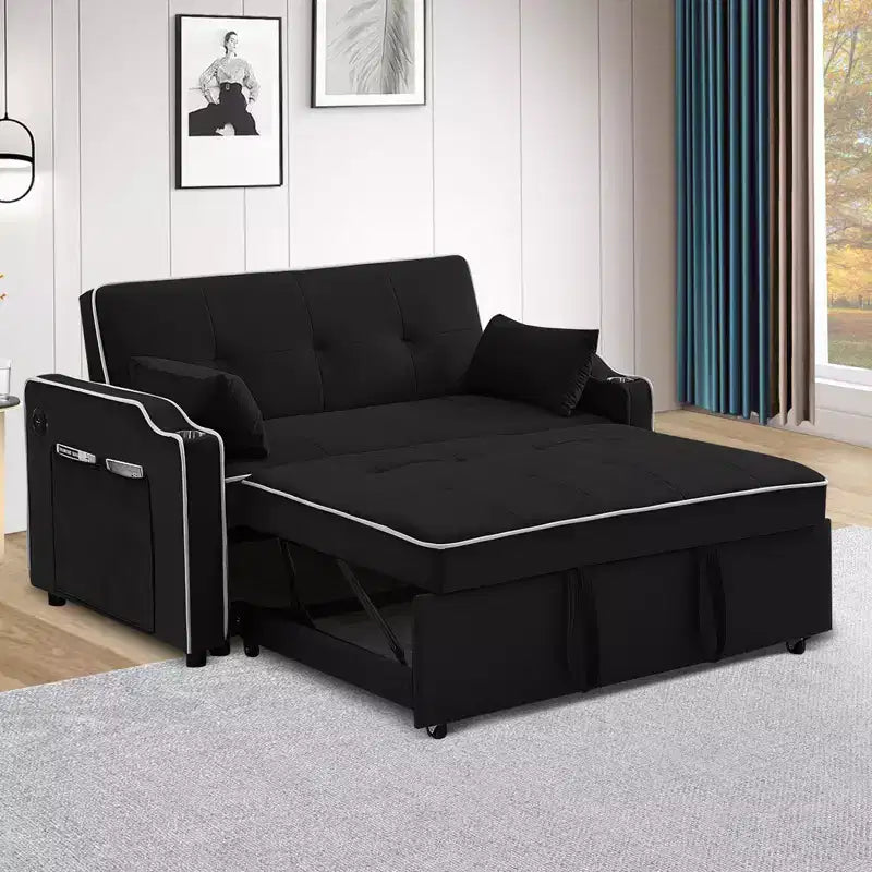 Canapé convertible 3-en-1 en velours, lit escamotable, canapé-futon moderne en velours convertible, dossier réglable et oreillers, noir
