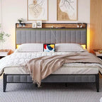 Platform Bed Frame with Storage Headboard, USB Charging Station, LED Lighting and Under-Bed Storage, No Box Spring Required, Heavy-Duty Support