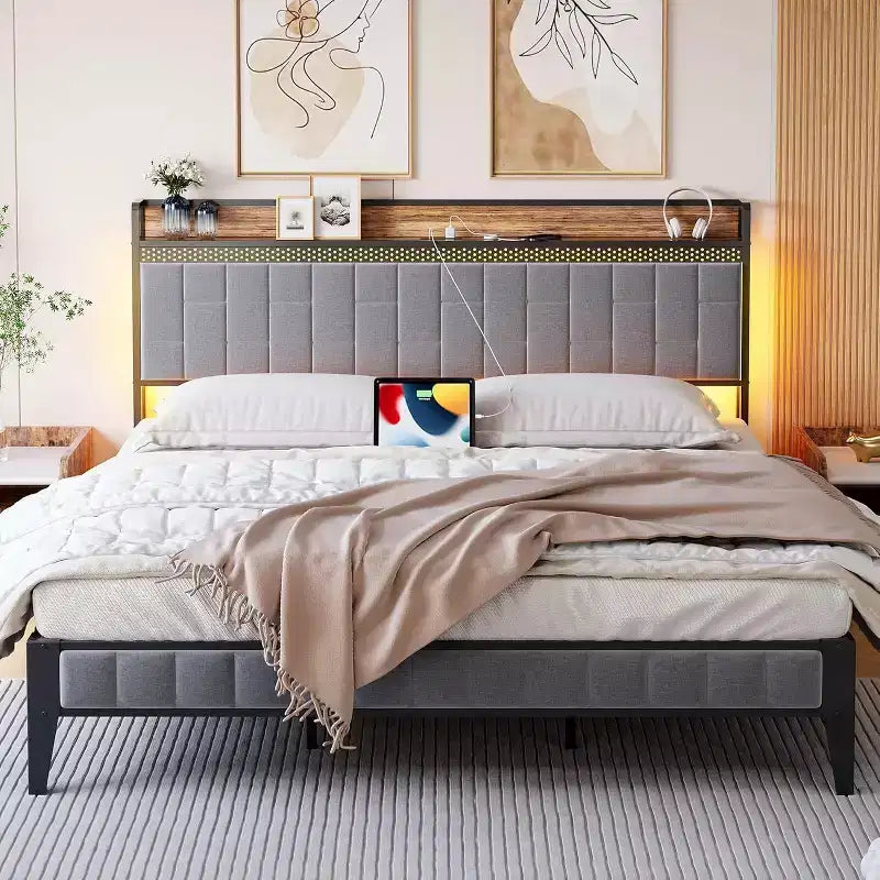 Platform Bed Frame with Storage Headboard, USB Charging Station, LED Lighting and Under-Bed Storage, No Box Spring Required, Heavy-Duty Support