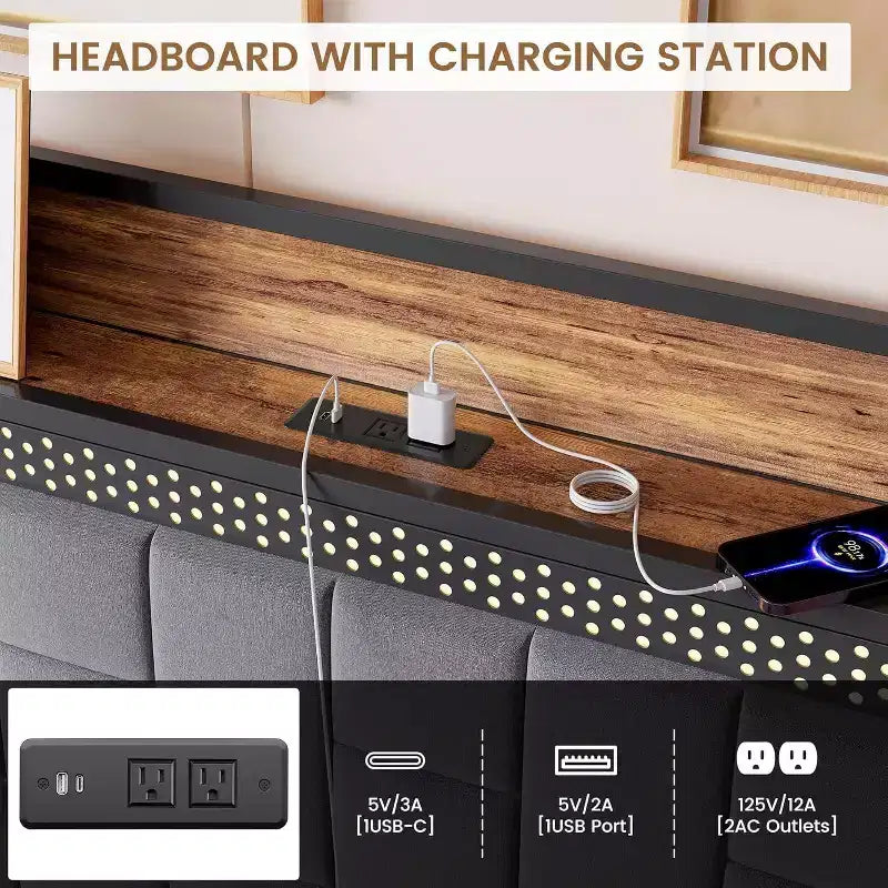 Cadre de lit plateforme avec tête de lit de rangement, station de chargement USB, éclairage LED et rangement sous le lit, sommier tapissier non requis, support robuste