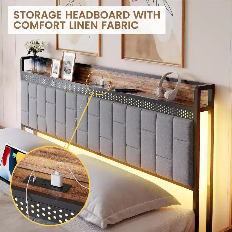 Cadre de lit plateforme avec tête de lit de rangement, station de chargement USB, éclairage LED et rangement sous le lit, sommier tapissier non requis, support robuste