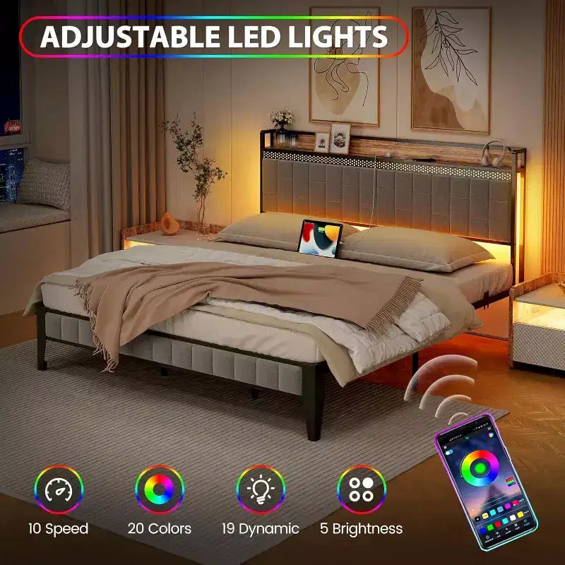 Cadre de lit plateforme avec tête de lit de rangement, station de chargement USB, éclairage LED et rangement sous le lit, sommier tapissier non requis, support robuste