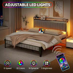 Cadre de lit plateforme avec tête de lit de rangement, station de chargement USB, éclairage LED et rangement sous le lit, sommier tapissier non requis, support robuste
