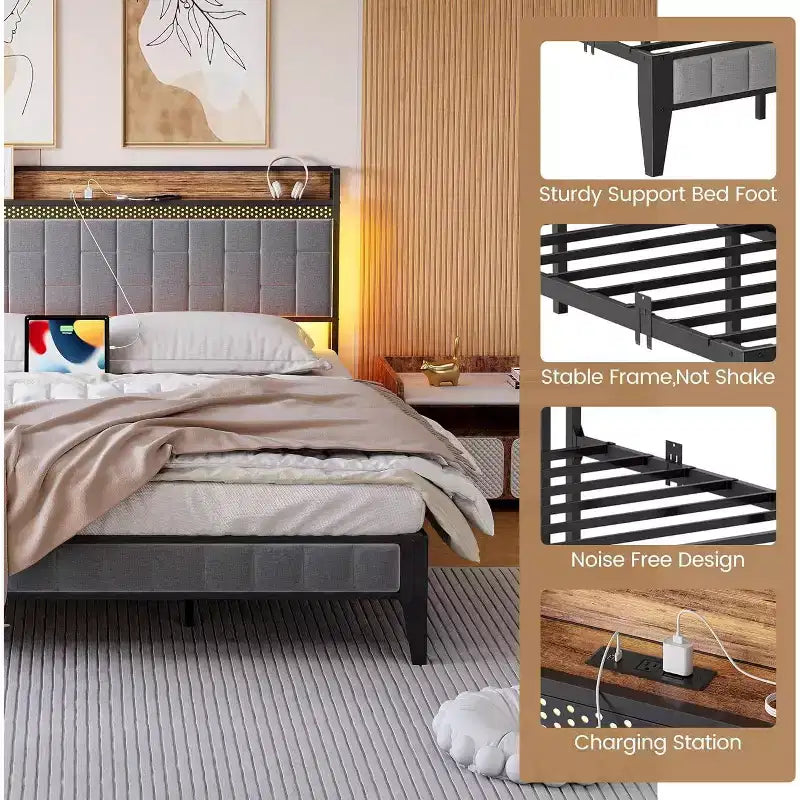 Cadre de lit plateforme avec tête de lit de rangement, station de chargement USB, éclairage LED et rangement sous le lit, sommier tapissier non requis, support robuste