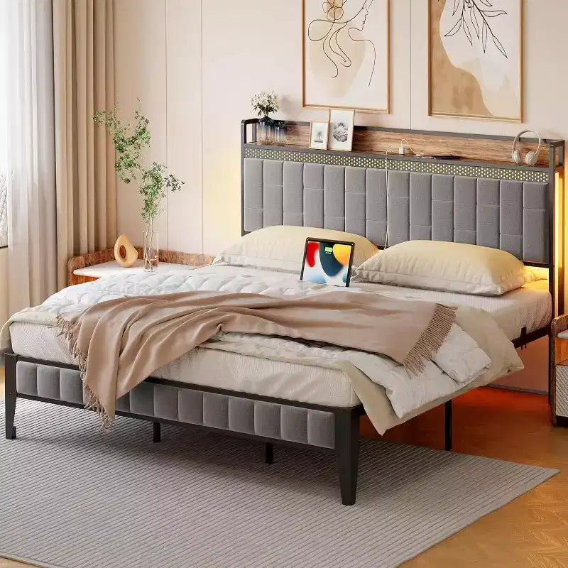 Cadre de lit plateforme avec tête de lit de rangement, station de chargement USB, éclairage LED et rangement sous le lit, sommier tapissier non requis, support robuste