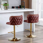 Set of 2 Modern Burgundy Swivel Bar Stools, Adjustable Height, Tufted Back