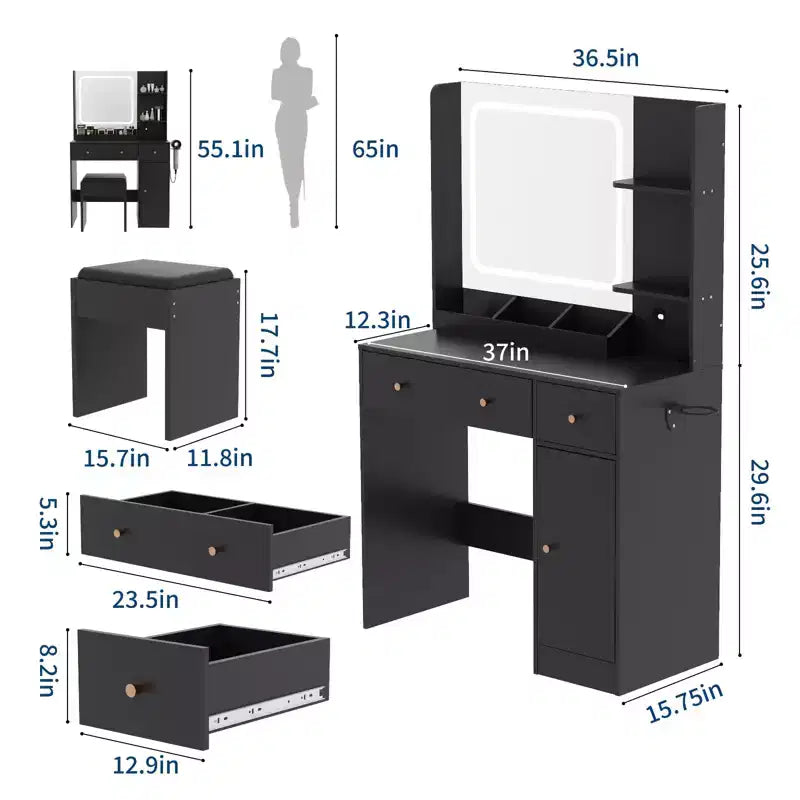 Coiffeuse de Maquillage Moderne avec Lumières et Miroir, Table de Coiffeuse avec Support pour Sèche-Cheveux, Tiroirs et Étagères de Rangement avec Tabouret, Noir