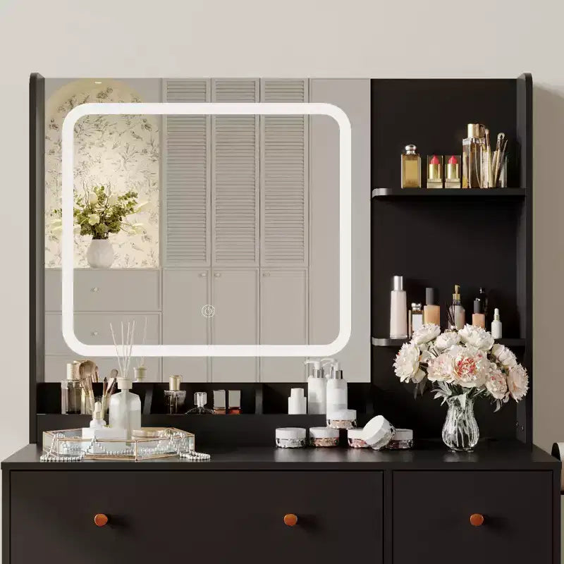 Coiffeuse de Maquillage Moderne avec Lumières et Miroir, Table de Coiffeuse avec Support pour Sèche-Cheveux, Tiroirs et Étagères de Rangement avec Tabouret, Noir