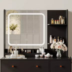 Coiffeuse de Maquillage Moderne avec Lumières et Miroir, Table de Coiffeuse avec Support pour Sèche-Cheveux, Tiroirs et Étagères de Rangement avec Tabouret, Noir