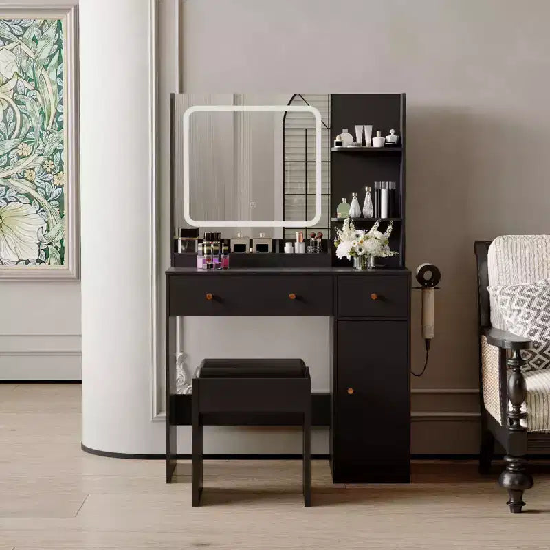 Coiffeuse de Maquillage Moderne avec Lumières et Miroir, Table de Coiffeuse avec Support pour Sèche-Cheveux, Tiroirs et Étagères de Rangement avec Tabouret, Noir
