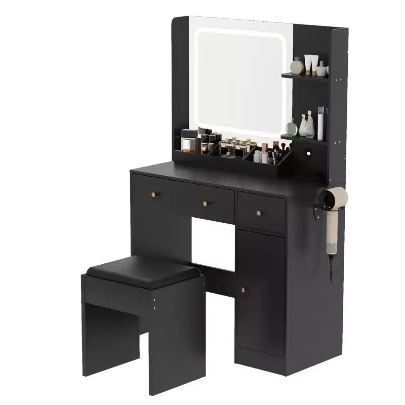 Coiffeuse de Maquillage Moderne avec Lumières et Miroir, Table de Coiffeuse avec Support pour Sèche-Cheveux, Tiroirs et Étagères de Rangement avec Tabouret, Noir