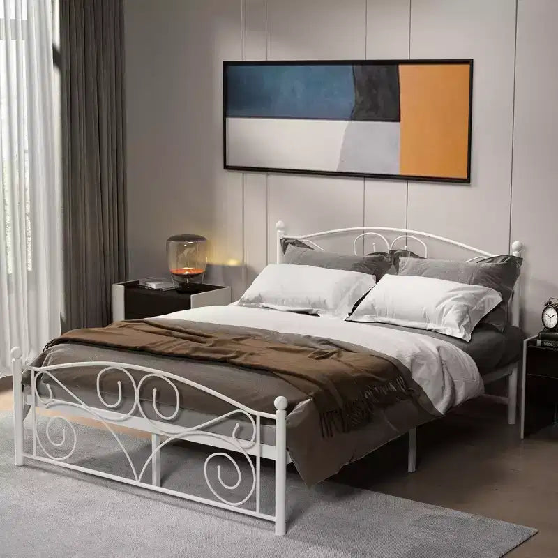 Full Size Metal Platform Bed with Vintage Headboard & End Frame, 600 lb Capacity, No Box Spring Needed