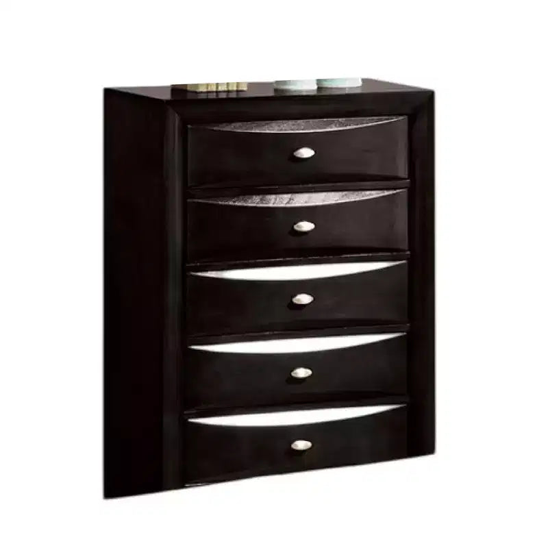 Commode haute, 5 tiroirs, poignées chromées, bois noir moderne