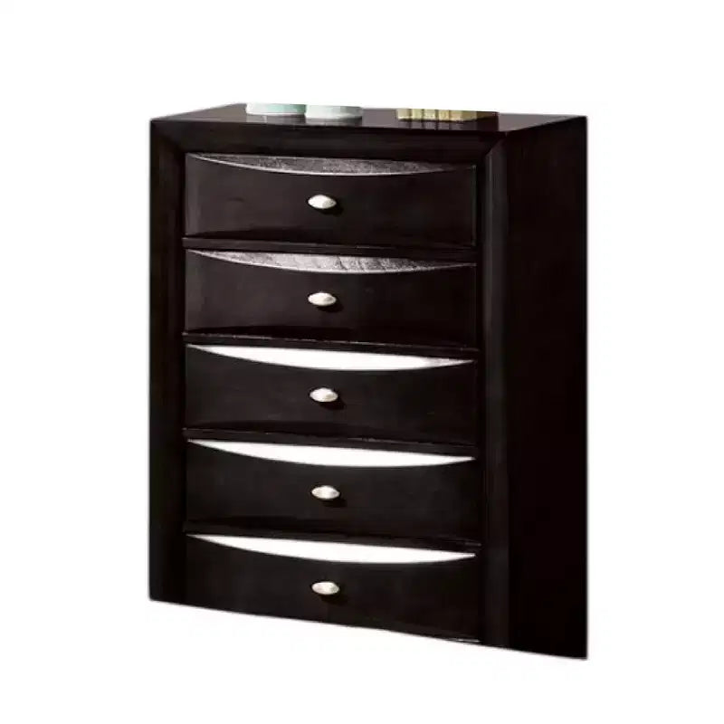 Commode haute, 5 tiroirs, poignées chromées, bois noir moderne