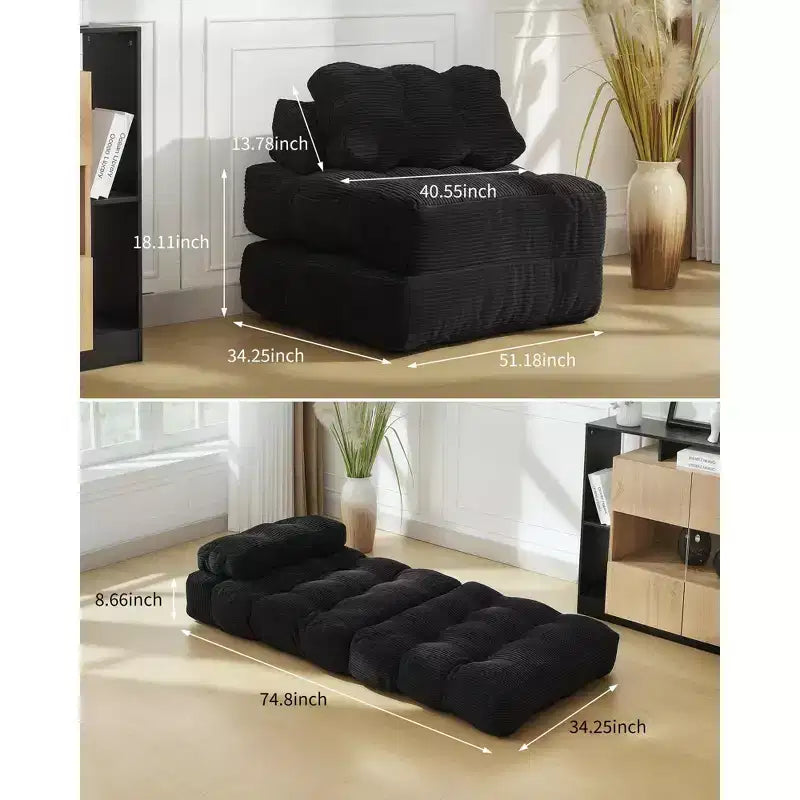 Canapé-lit pliant 3 en 1 avec oreiller, fauteuil-lit convertible 34, matelas portable sans structure avec support dorsal, aucun assemblage requis