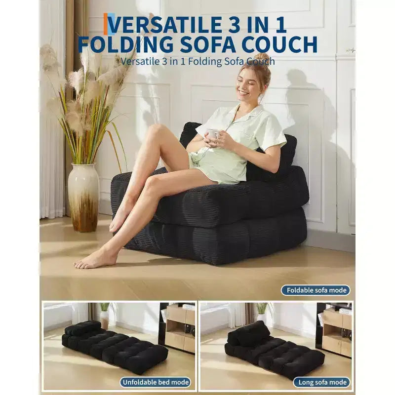 Canapé-lit pliant 3 en 1 avec oreiller, fauteuil-lit convertible 34, matelas portable sans structure avec support dorsal, aucun assemblage requis