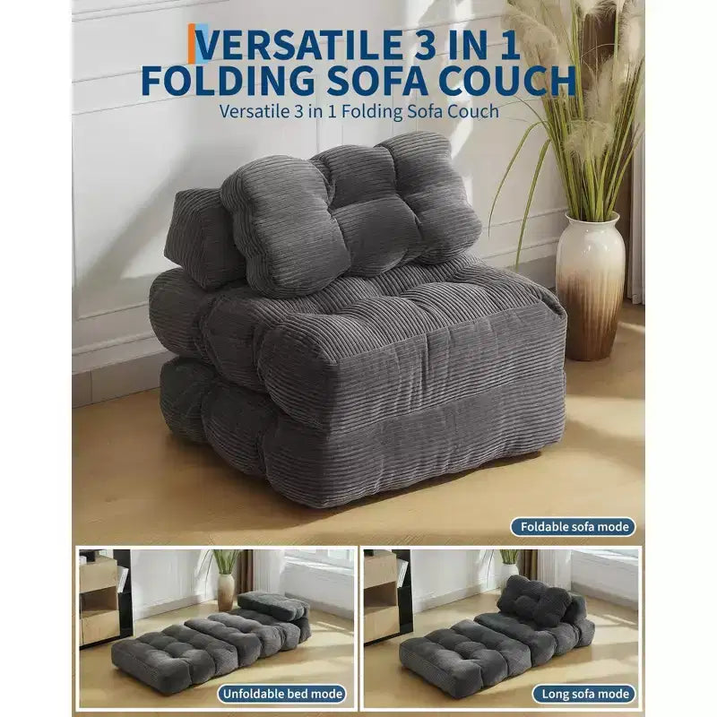 Canapé-lit pliant 3 en 1 avec oreiller, fauteuil-lit convertible 34, matelas portable sans structure avec support dorsal, aucun assemblage requis