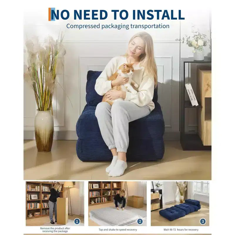 Canapé-lit pliant 3 en 1 avec oreiller, fauteuil-lit convertible 34, matelas portable sans structure avec support dorsal, aucun assemblage requis