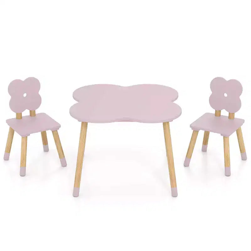 Ensemble table et 2 chaises pour enfants en forme de fleur, pieds en pin massif rose/blanc