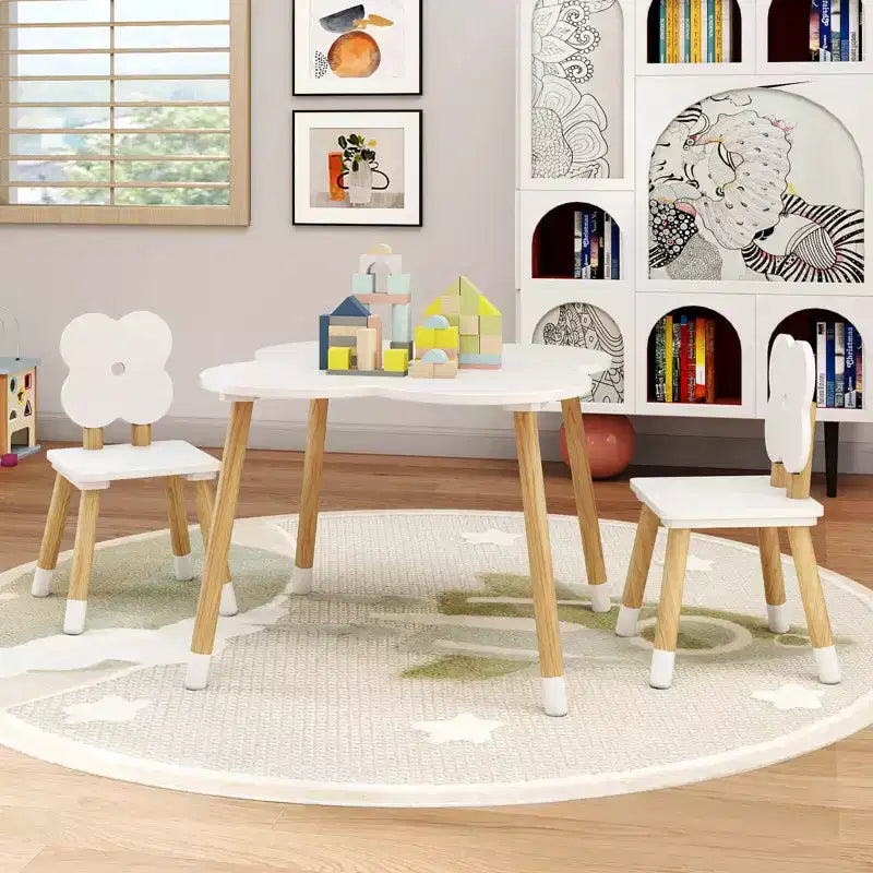 Ensemble table et 2 chaises pour enfants en forme de fleur, pieds en pin massif rose/blanc
