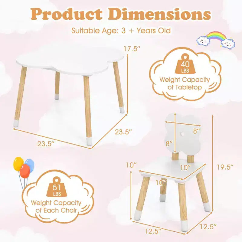 Ensemble table et 2 chaises pour enfants en forme de fleur, pieds en pin massif rose/blanc
