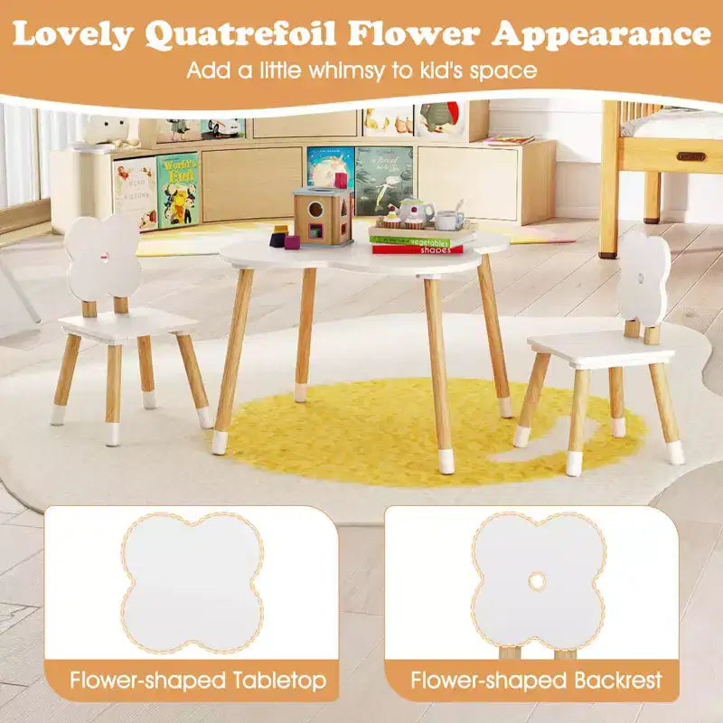 Ensemble table et 2 chaises pour enfants en forme de fleur, pieds en pin massif rose/blanc